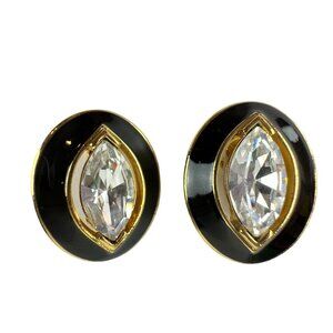 Vintage TRIFARI Oval Clip-On Earrings Black & Gold With Clear Crystal Accents